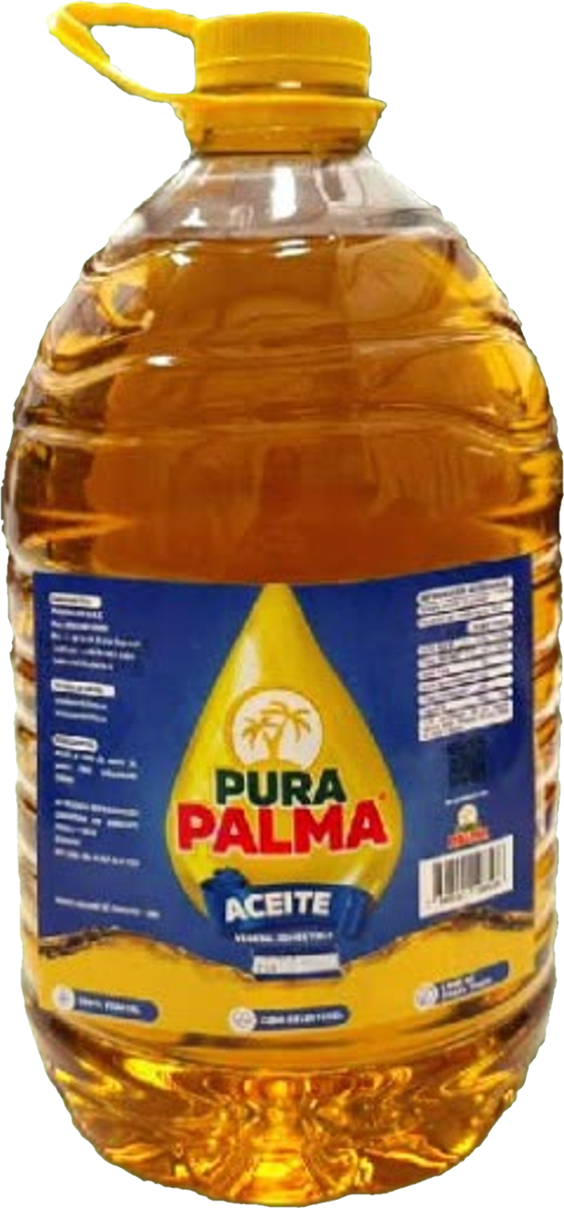 Botella de 5 litros de aceite de palma PURAPALMA con asa amarilla y etiqueta con la gota dorada de la marca