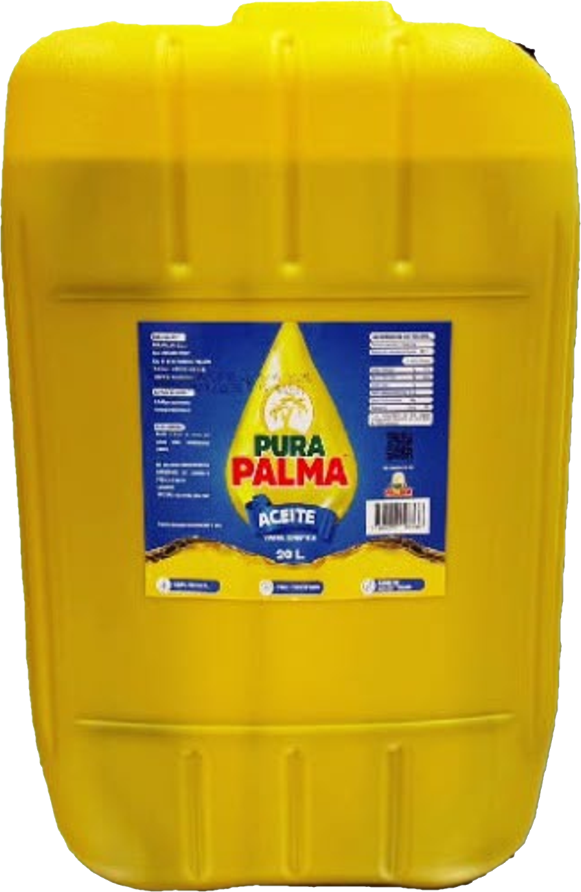 Caneca amarilla de 20 litros de aceite de palma PURAPALMA con etiqueta frontal de la marca