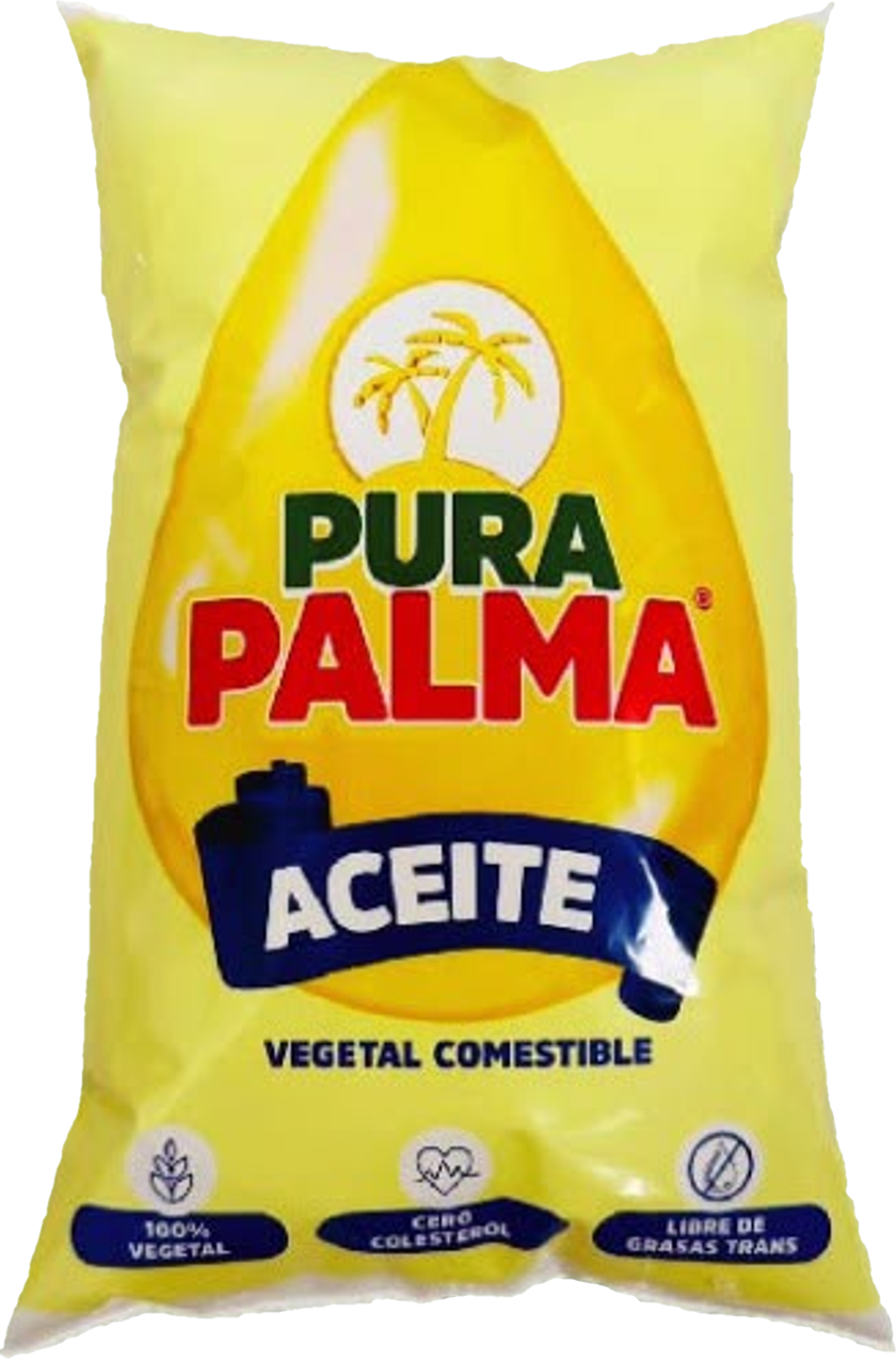 Funda de aceite vegetal comestible PURAPALMA de 1 litro, empaque amarillo con el logotipo de la marca